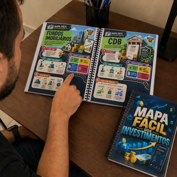 Pessoa folheando o Mapa Facil dos Investimentos em estilo POV